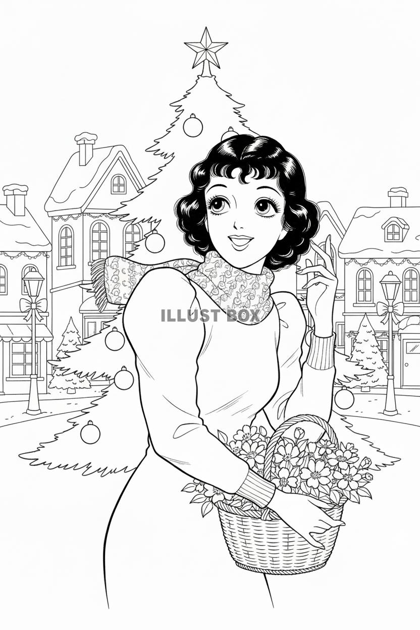 クリスマスの街　花かごを持ち微笑むレトロな女性とオーナメント...