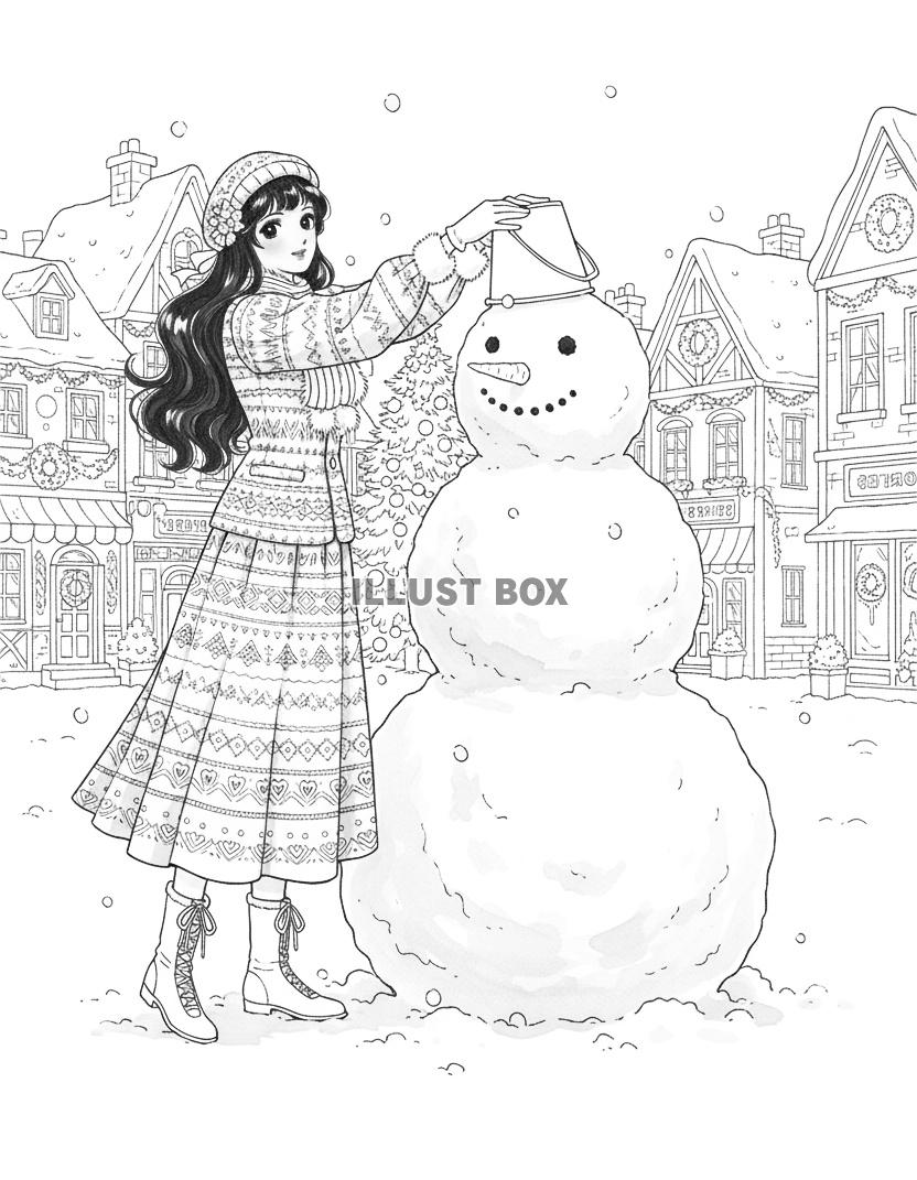 雪の街角で笑顔の女性が大きな雪だるまにバケツを被せる線画イラ...