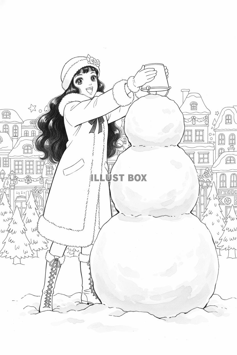 雪の街角で笑顔の女性が大きな雪だるまにバケツを被せる線画イラ...