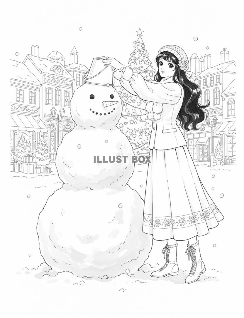 雪の街角で笑顔の女性が大きな雪だるまにバケツを被せる線画イラ...