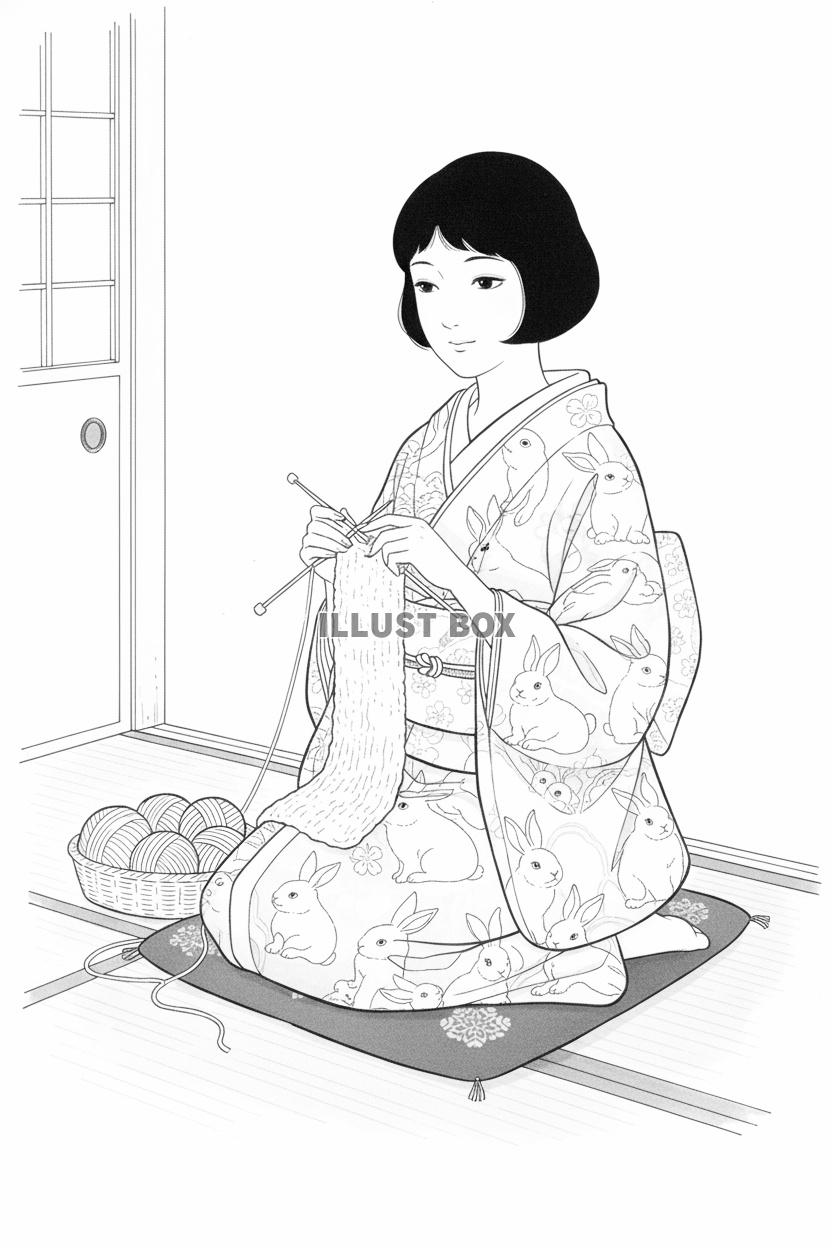 和室で座布団に座り、着物（うさぎ柄）を着たボブヘアの女性が編...