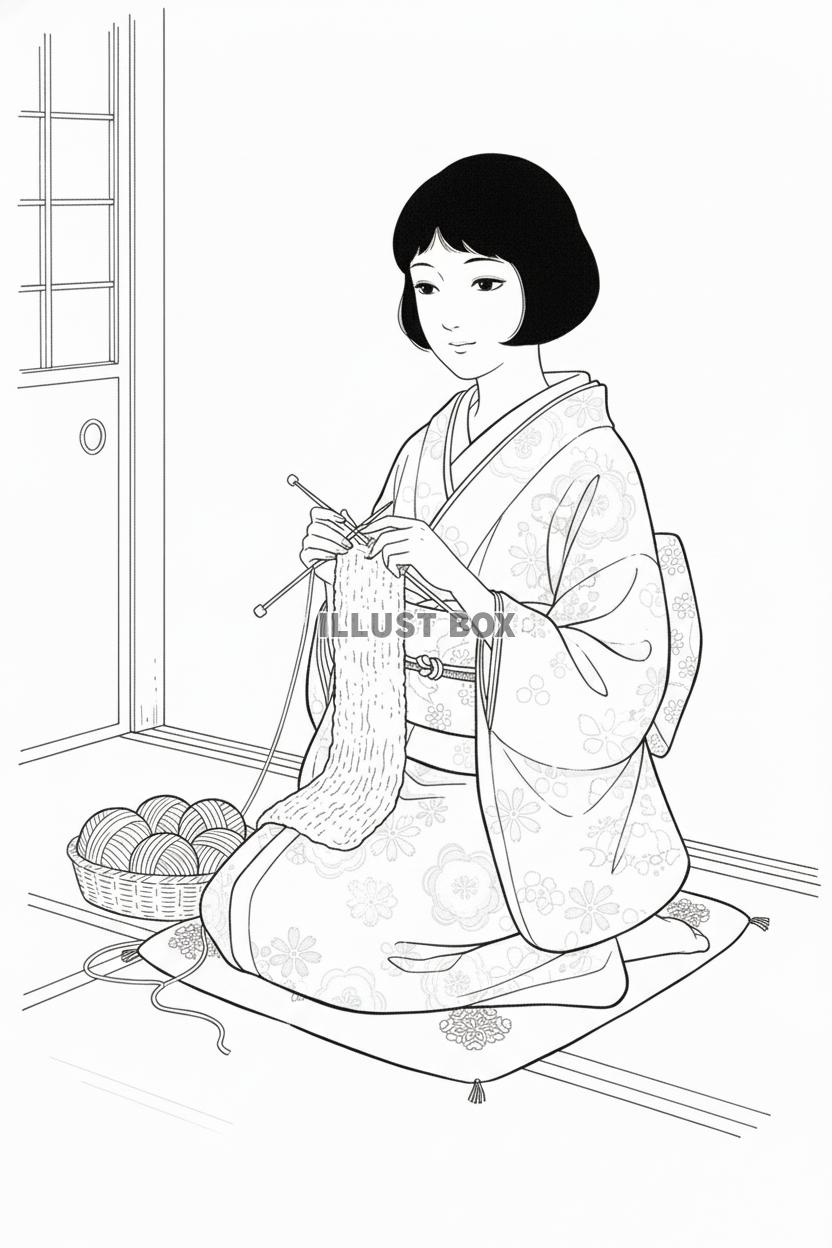 和室で座布団に座り、着物（花柄）を着たボブヘアの女性が編み物...