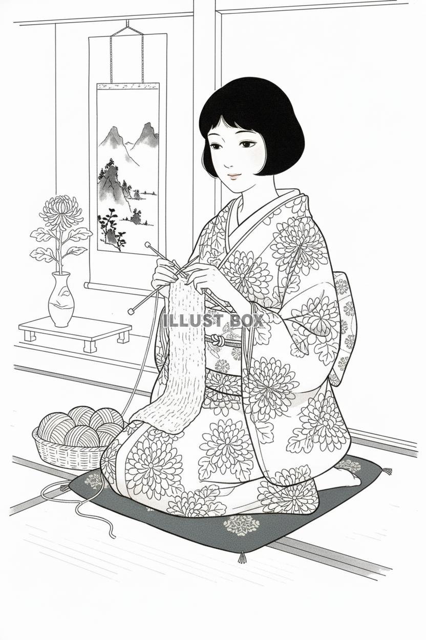 床の間のある和室で座布団に座り、着物（菊柄）を着たボブヘアの...