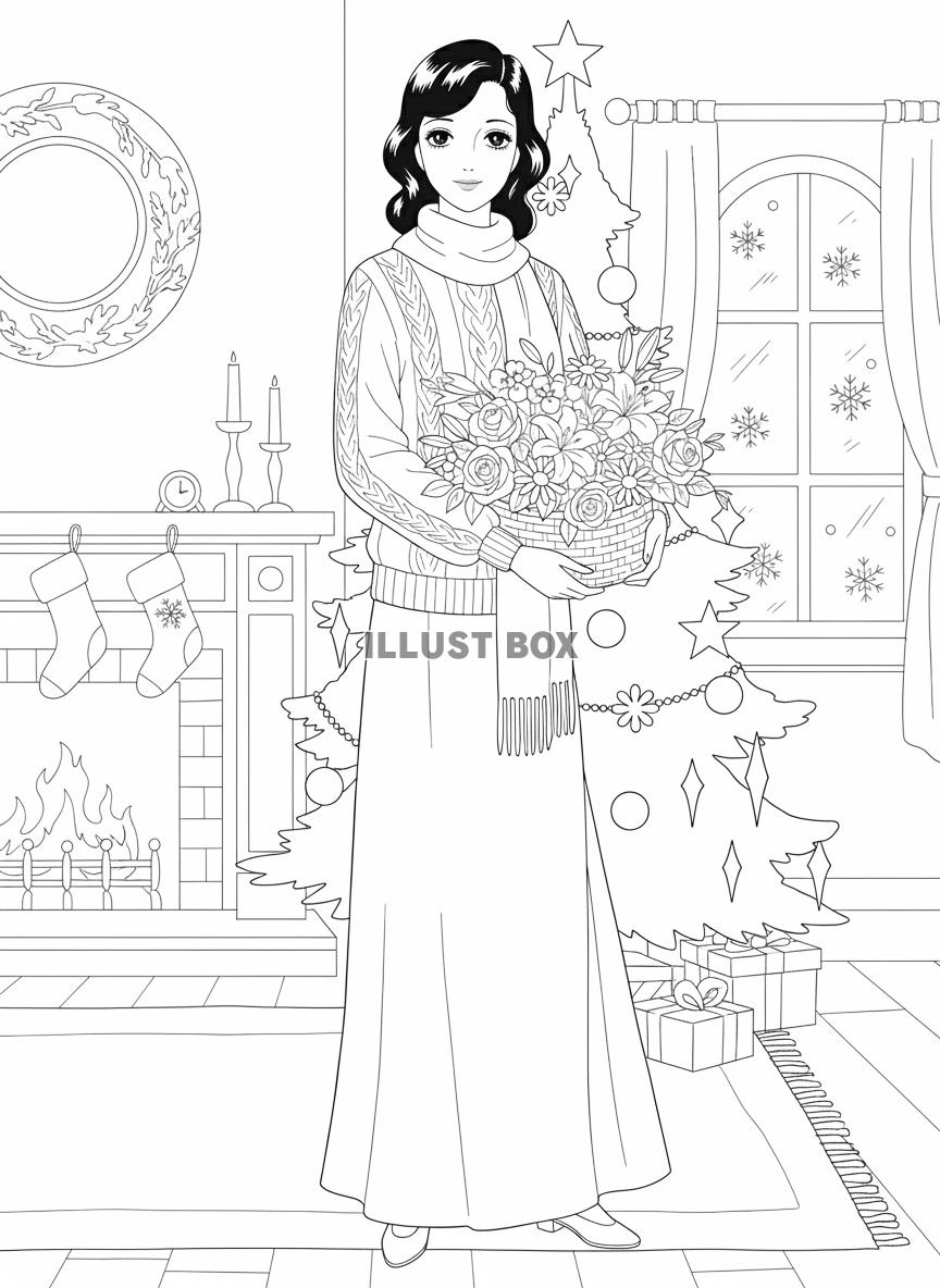 暖炉とツリーのある部屋で花かごを抱え微笑む冬服女性の全身線画...