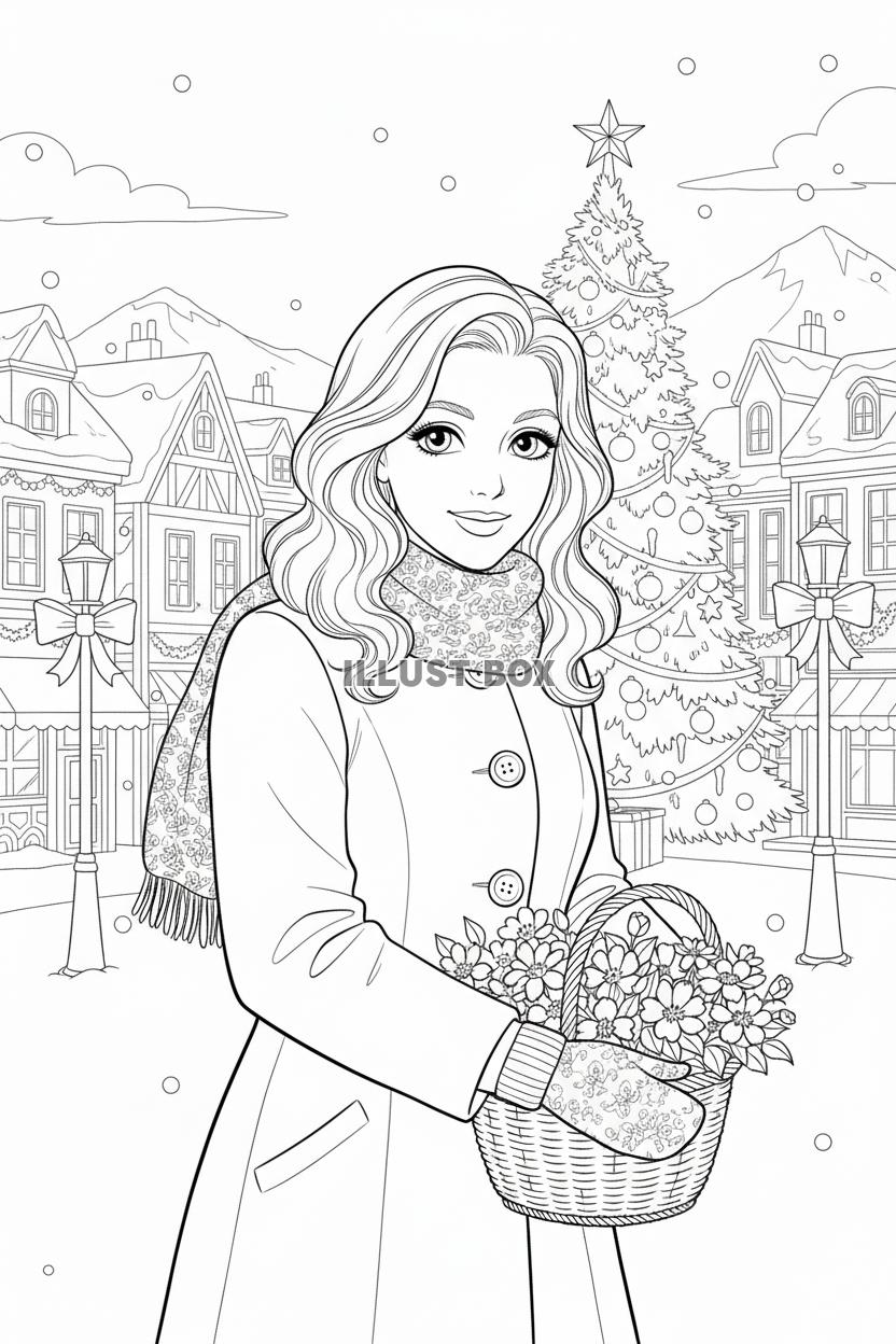 雪のヨーロッパ街角で花かごを抱え微笑む冬コート姿の女性の線画...