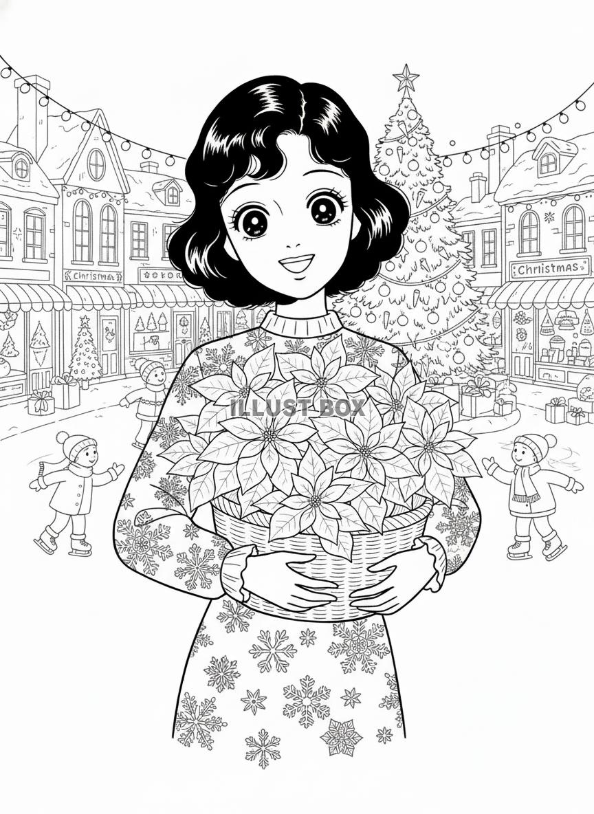 クリスマスシーズンの街並みでポインセチアを抱える若い女性の線...