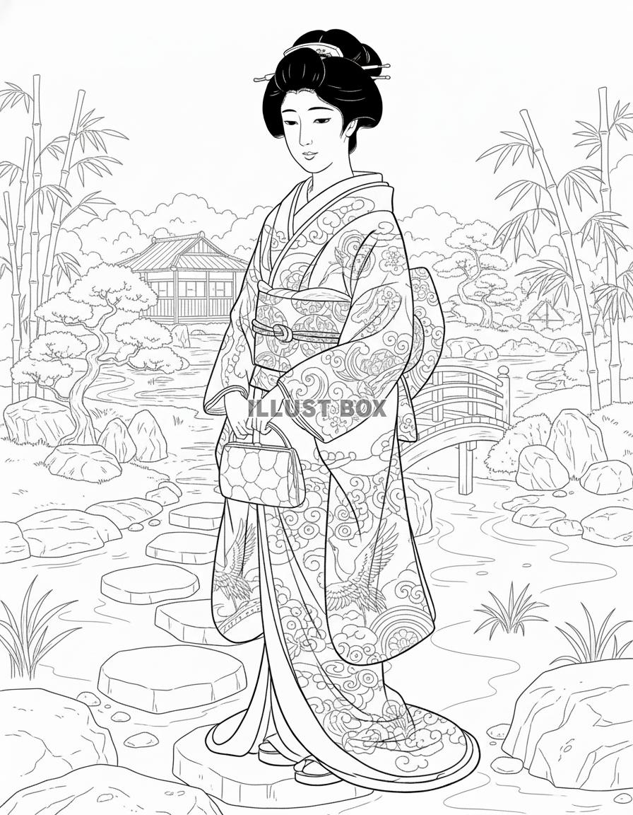 室内の暖炉とツリーを背景にポインセチアを抱える若い女性の線画...