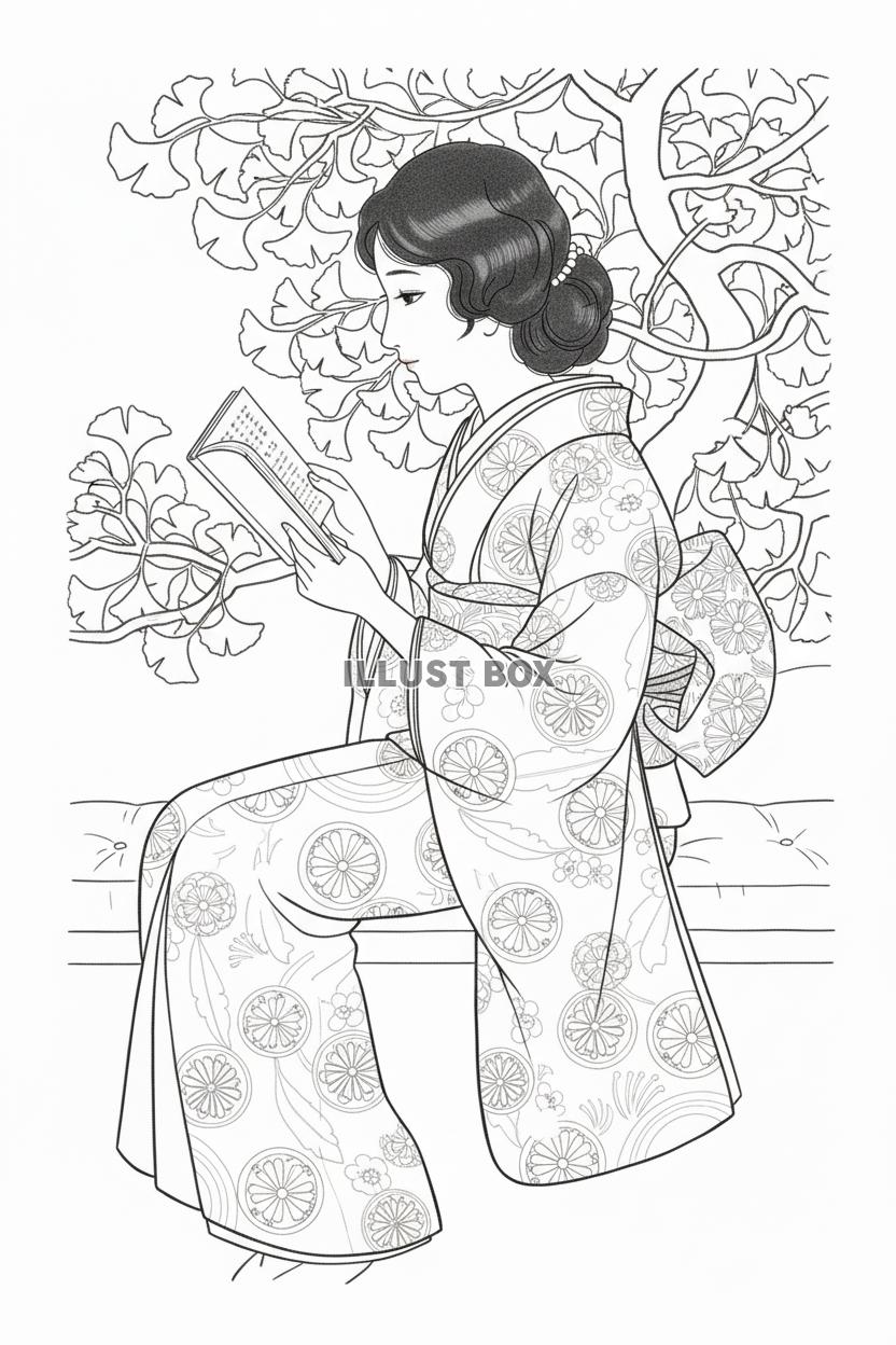 銀杏の木の下で和服の女性が読書する秋の線画イラスト（塗り絵）