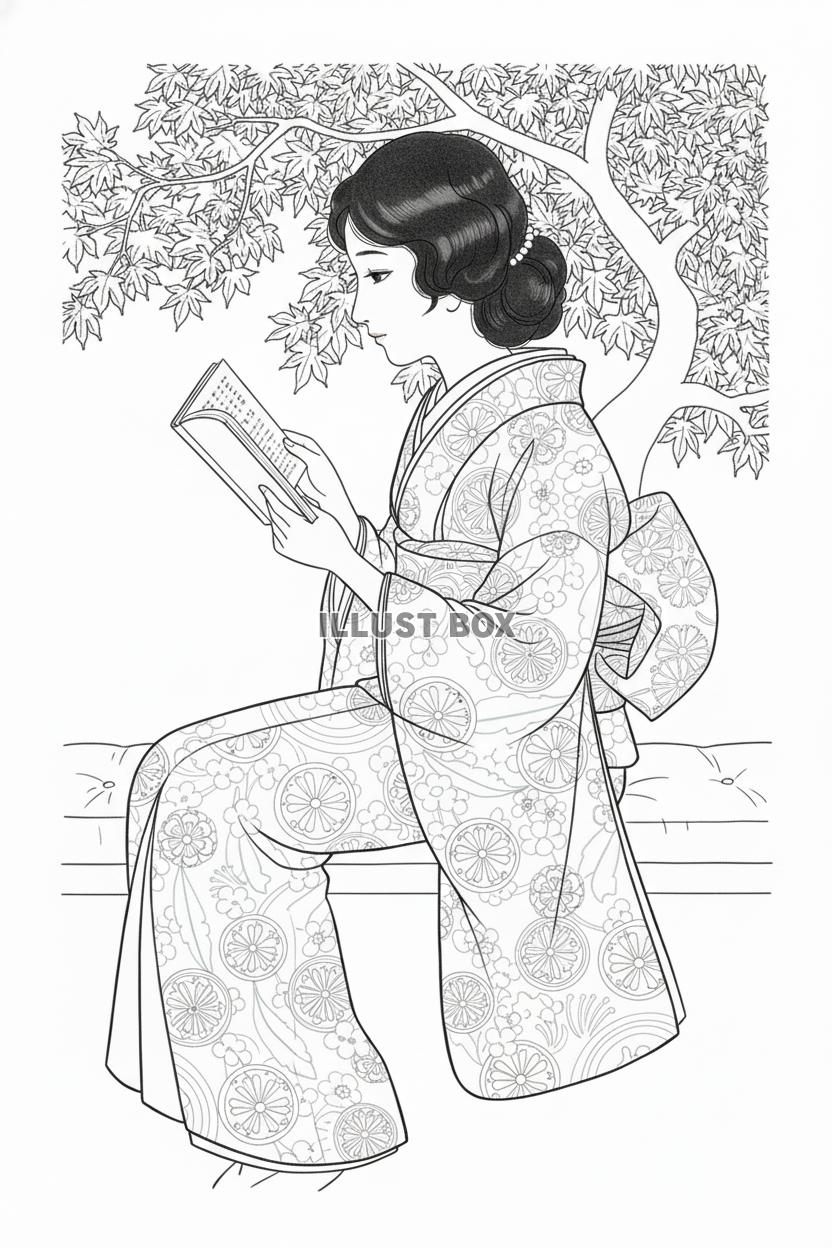 もみじの木の下で和服の女性が読書する秋の線画イラスト（塗り絵...