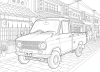 【男性向け昭和ぬりえ】ノスタルジックな昭和の街並みに停まる360CCレトロカーの線画イラスト 