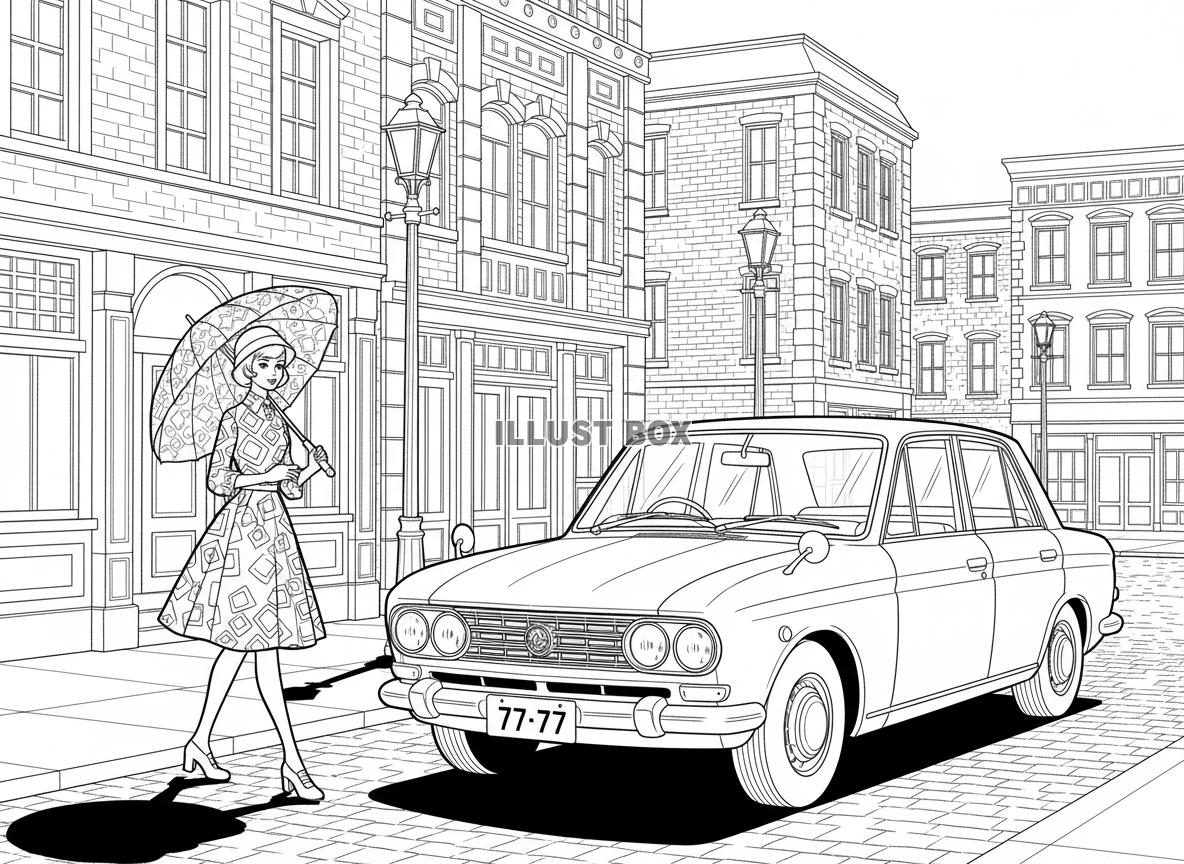 【男性向け昭和ぬりえ】ヨーロッパ風の街並みとレトロカー、傘を...