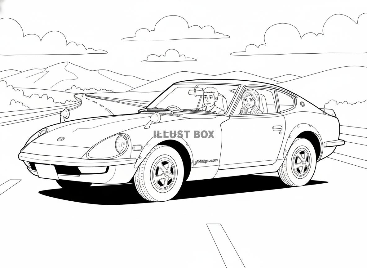 【男性向け昭和ぬりえ】山間部のワインディングロードを、クラシ...