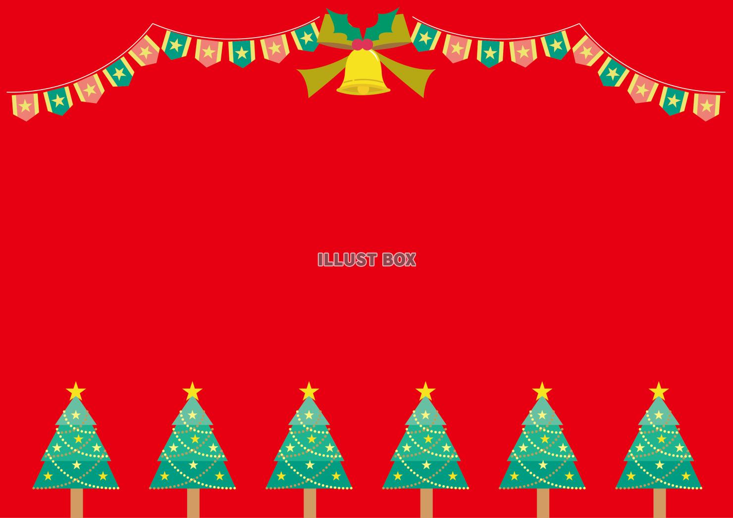 クリスマスベルとクリスマスツリーの赤背景フレーム