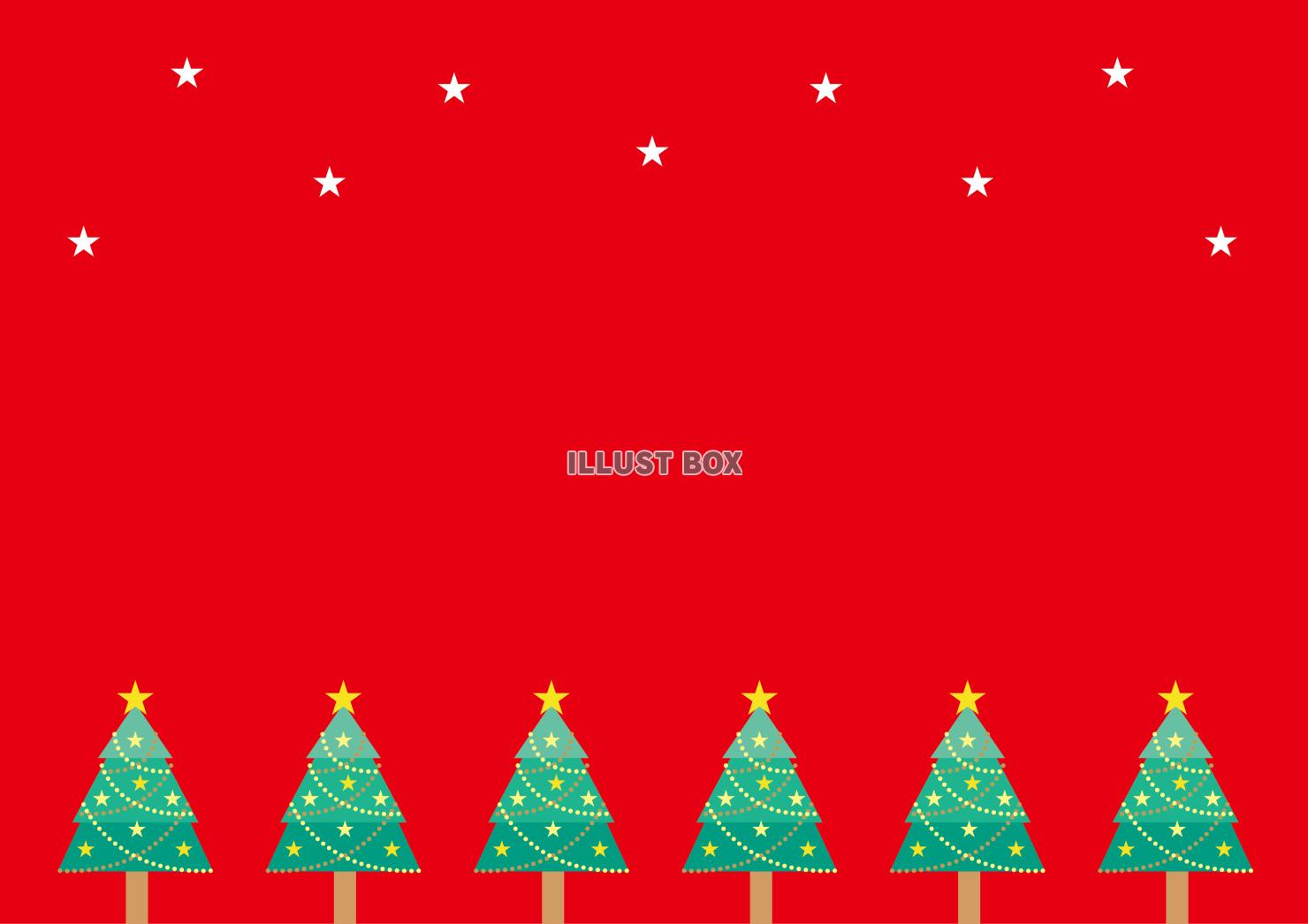 赤背景の雪とクリスマスツリーのクリスマスカード