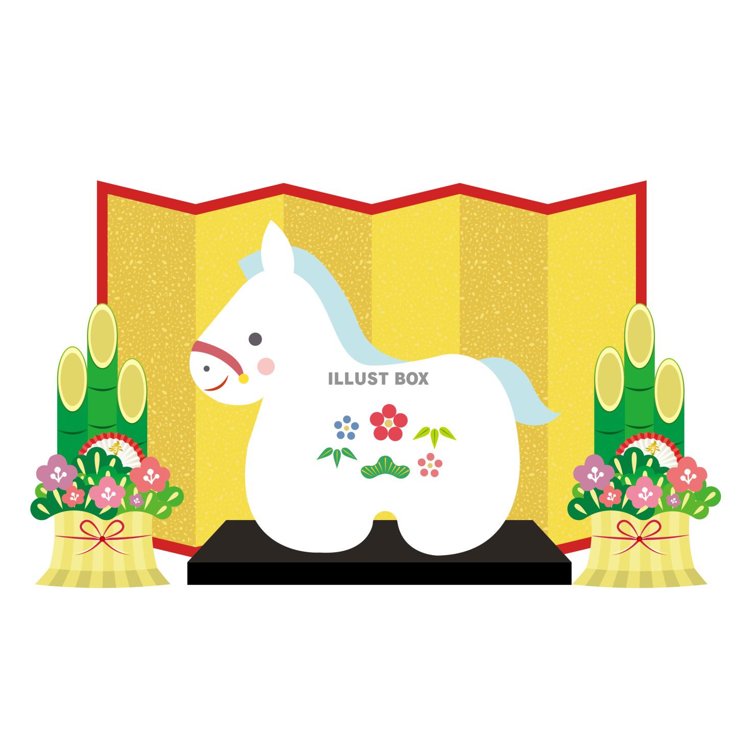 2026年午年年賀状イラスト 華やかな金屏風背景の馬の置物