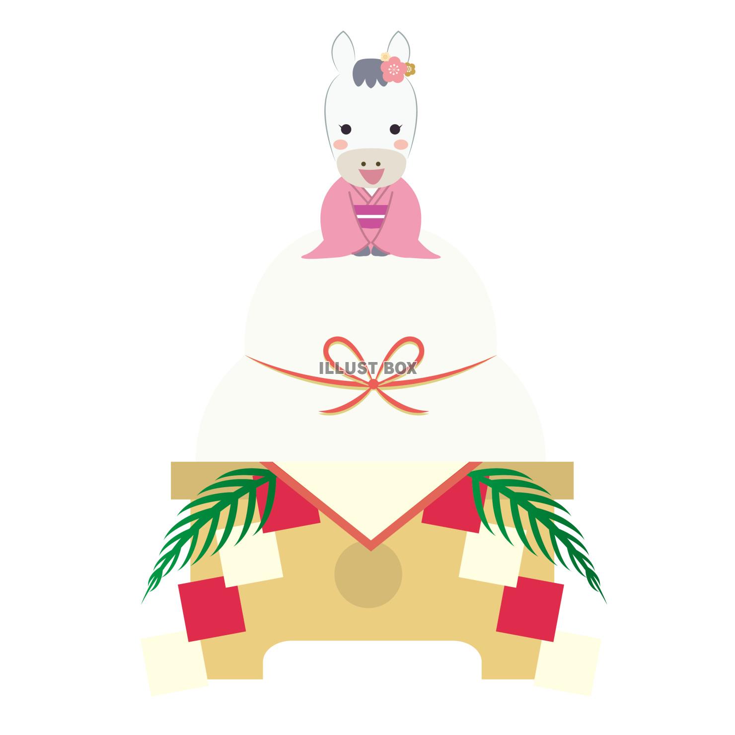 2026年午年年賀状イラスト鏡餅の上の着物の馬