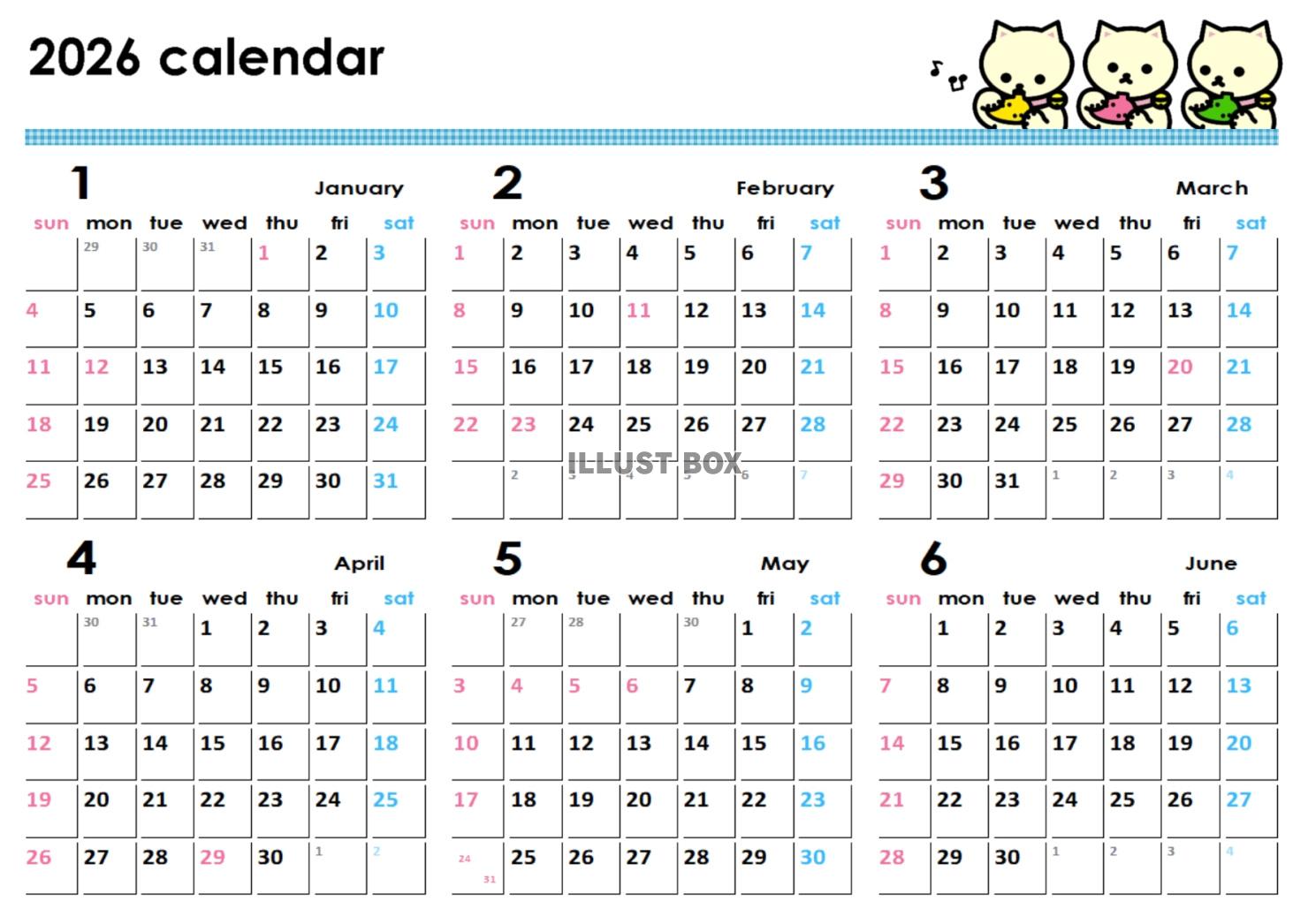 オカリナカレンダー半年分　2026年1月から6月分