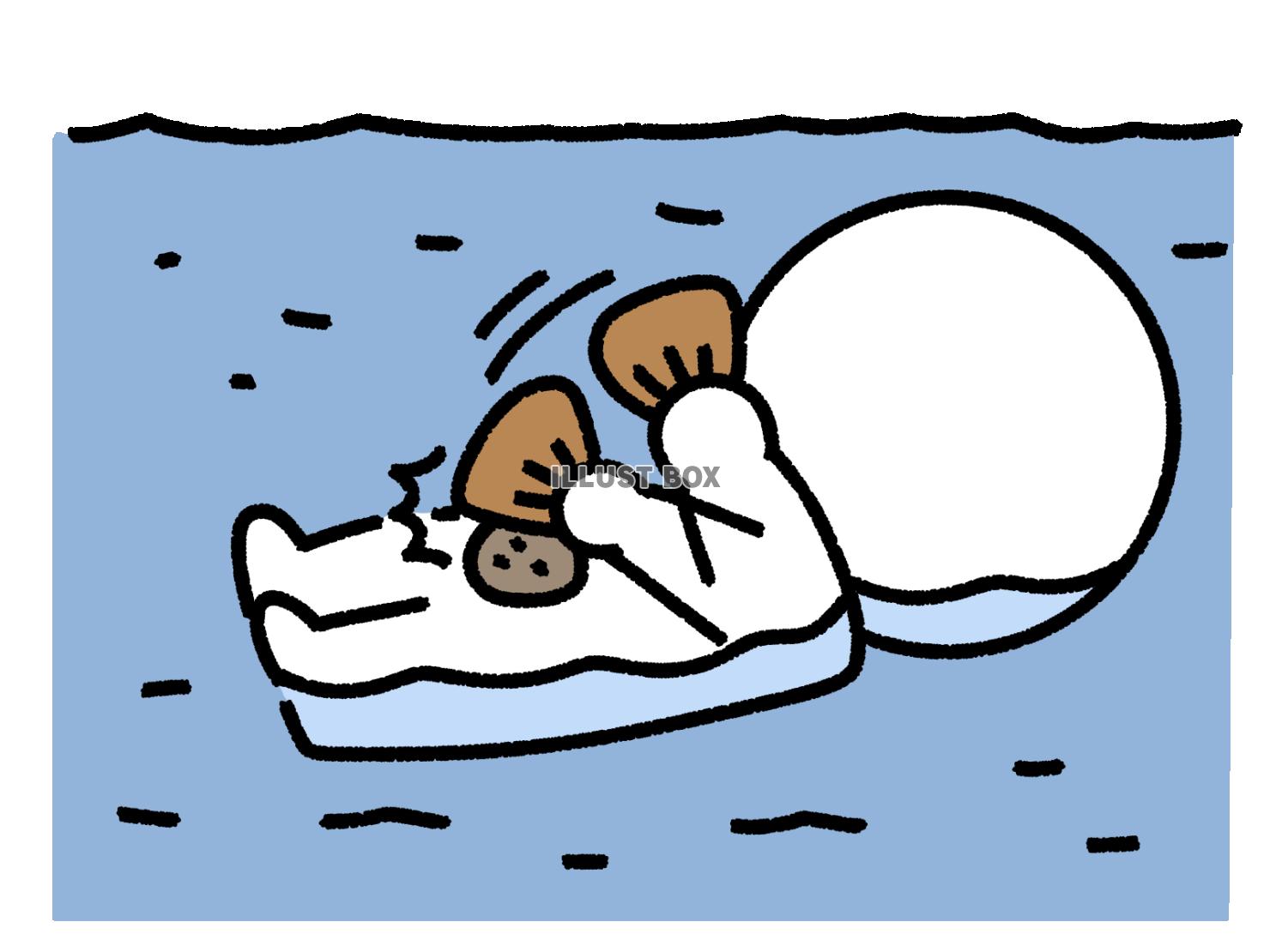 海上でラッコのように石で貝を叩く棒人間