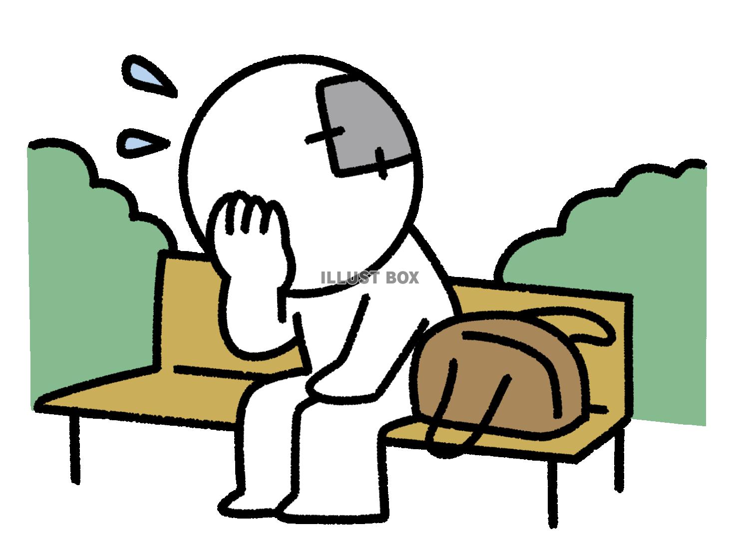 ベンチに座って悲しむ貧しい棒人間