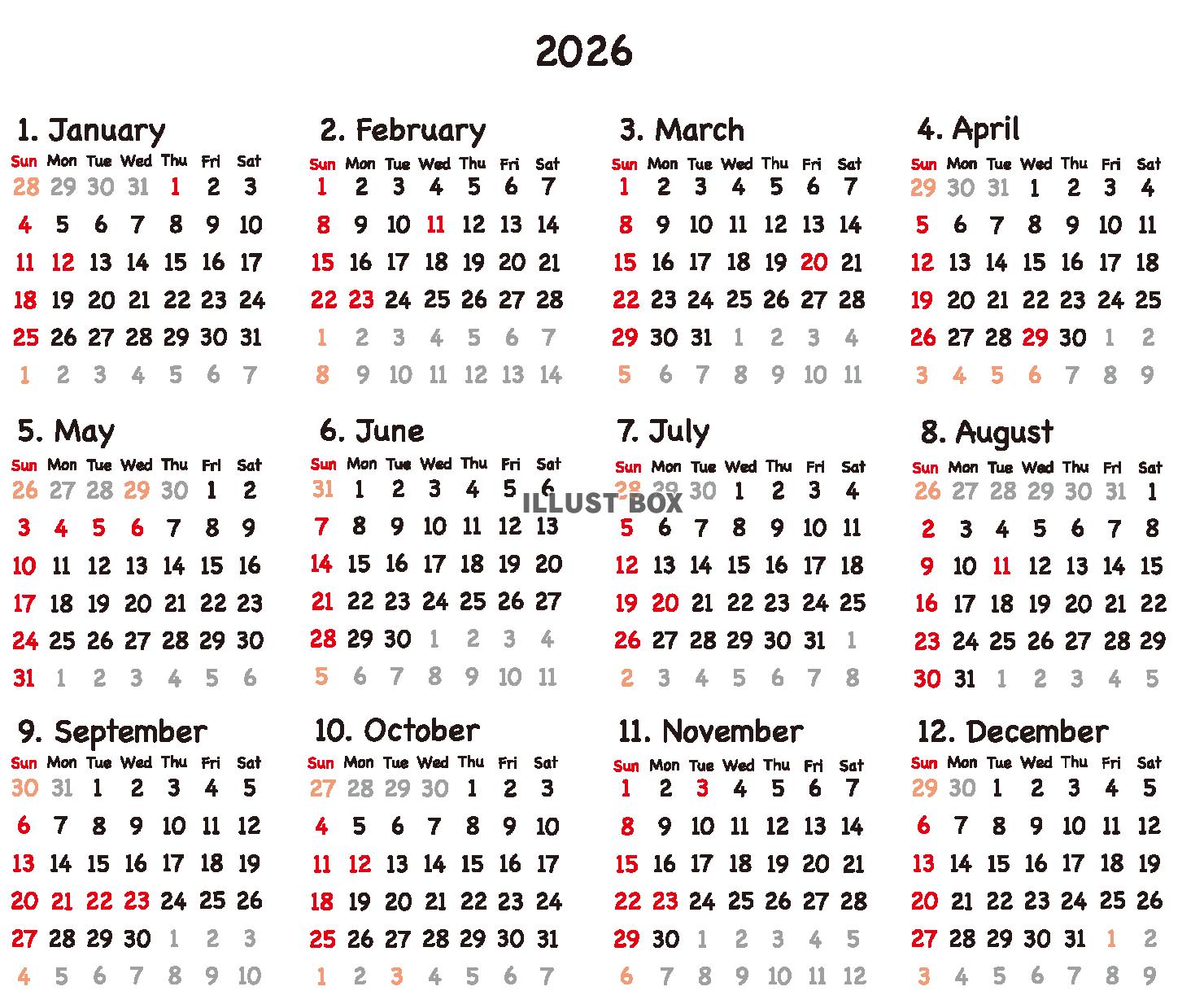 文字のみカレンダー　手書きサインペン（透過PNG）ZIPのE...