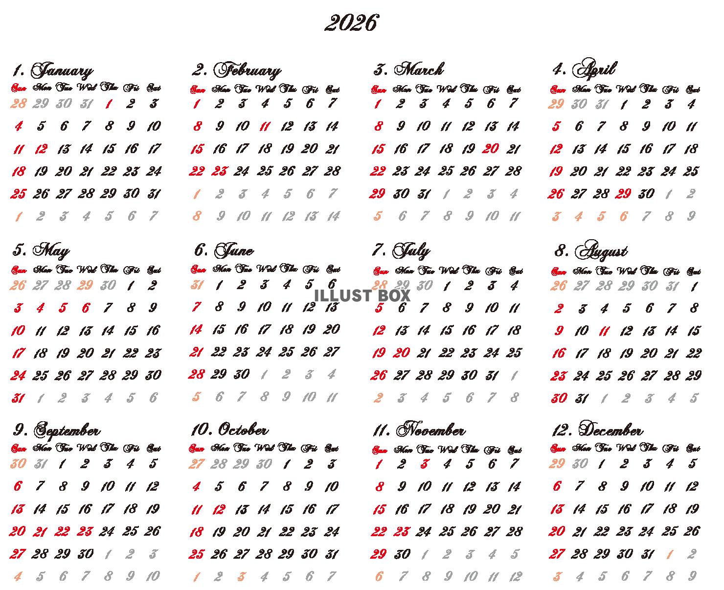 2026文字のみカレンダー　エレガント（透過PNG）ZIPの...