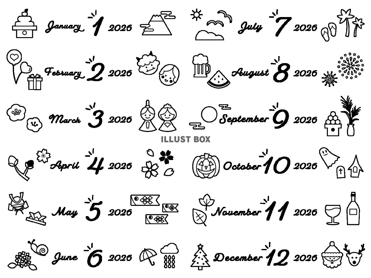 2026年版イラスト入りカレンダーの見出しセット