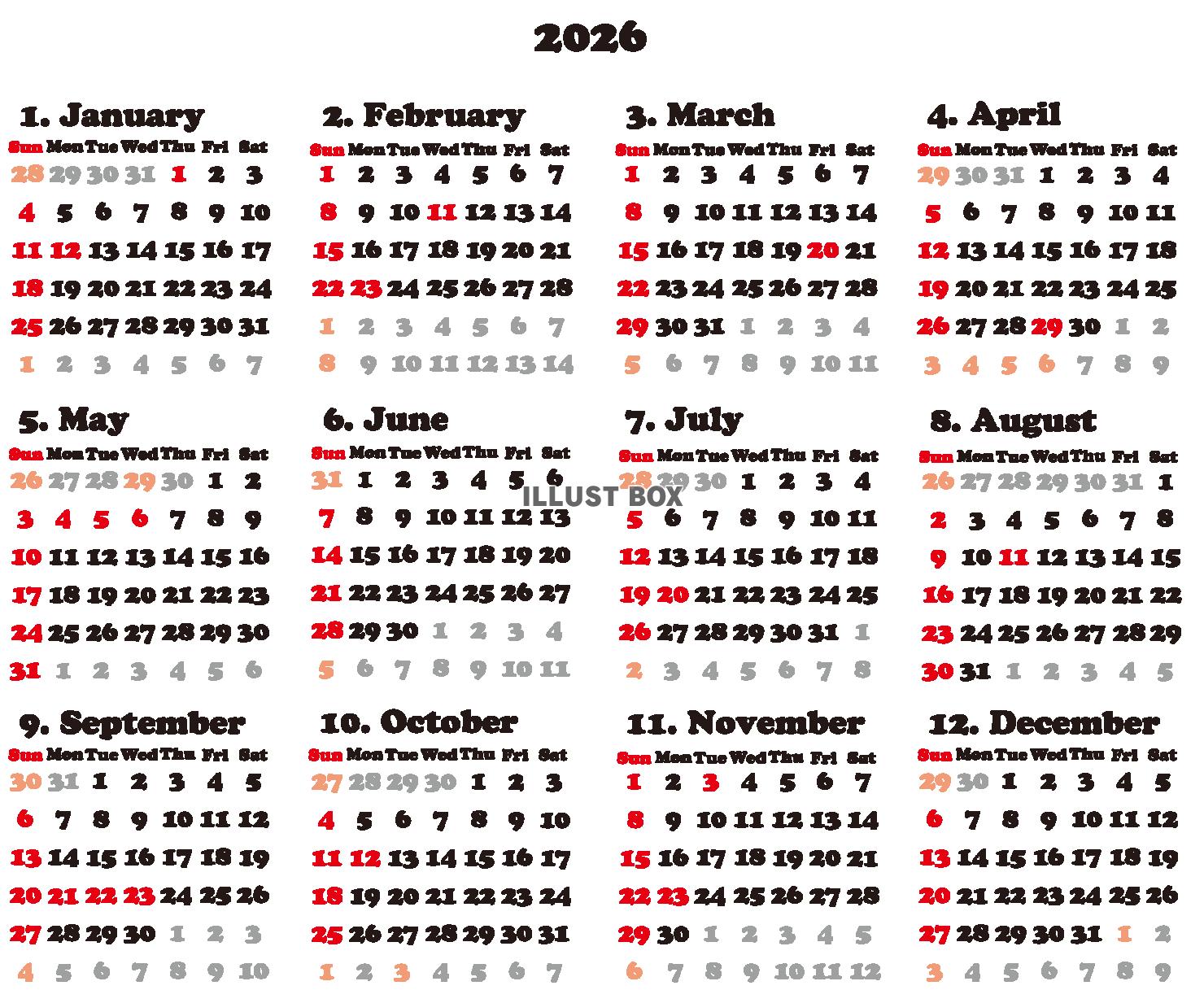 2026文字のみカレンダー　キューピッド（透過PNG）EPS...