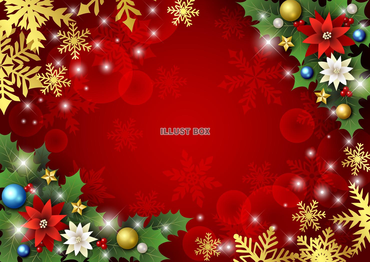 クリスマス背景25・対角・柊・雪の結晶・横・赤