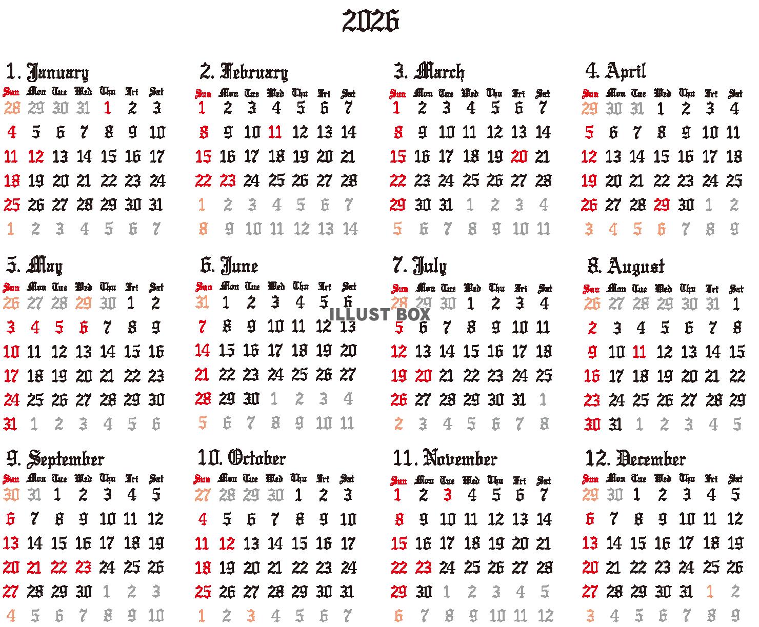 2026文字のみカレンダー　中世ゴシック（透過PNG）ZIP...