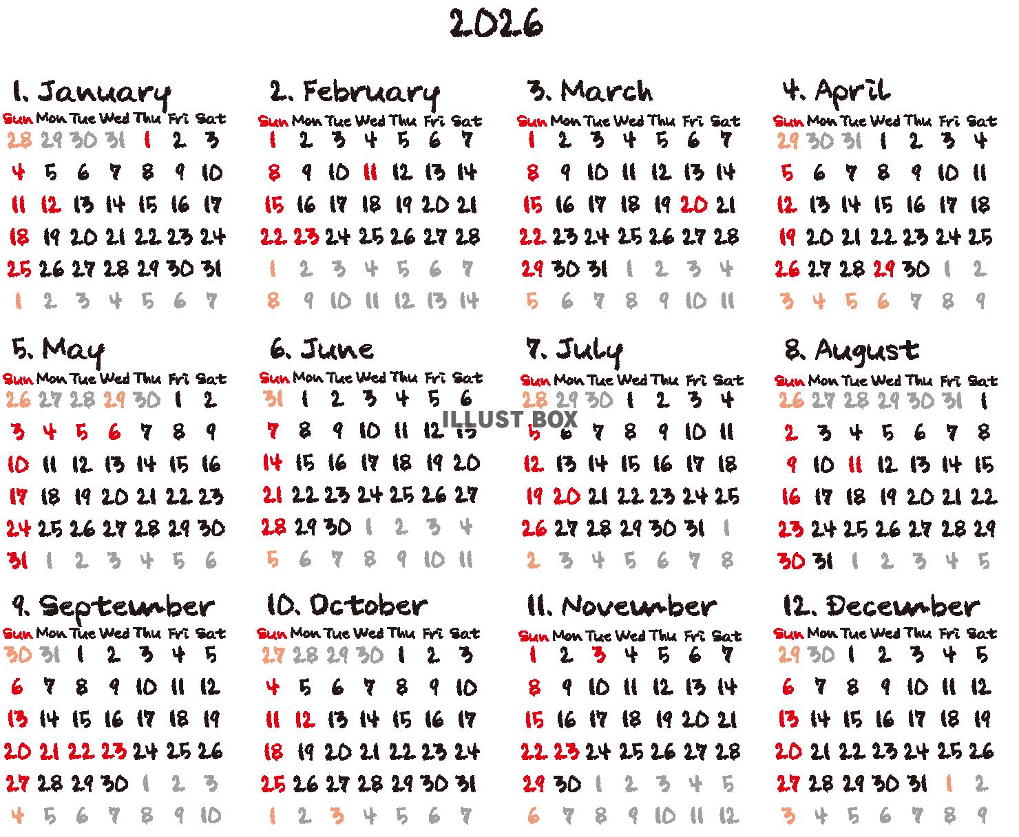 2026文字のみカレンダー　クレヨン（透過PNG）ZIPのE...
