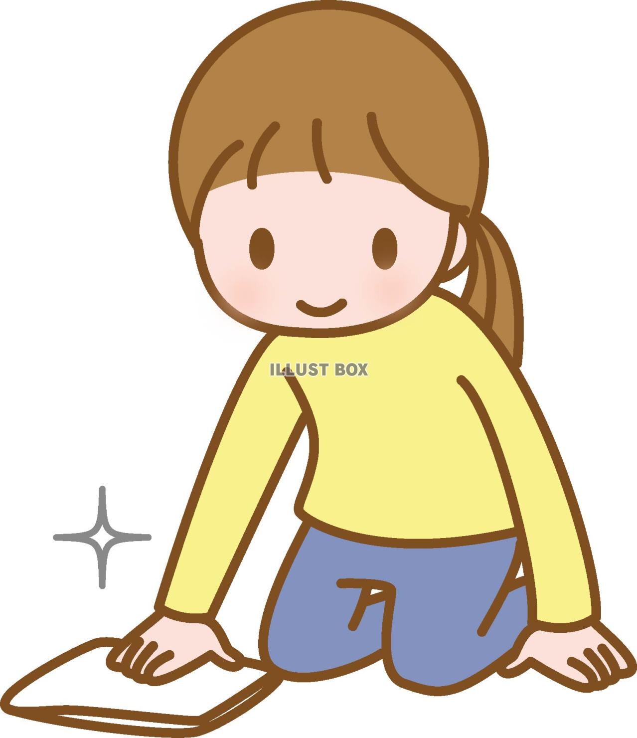 床の拭き掃除をする小学生