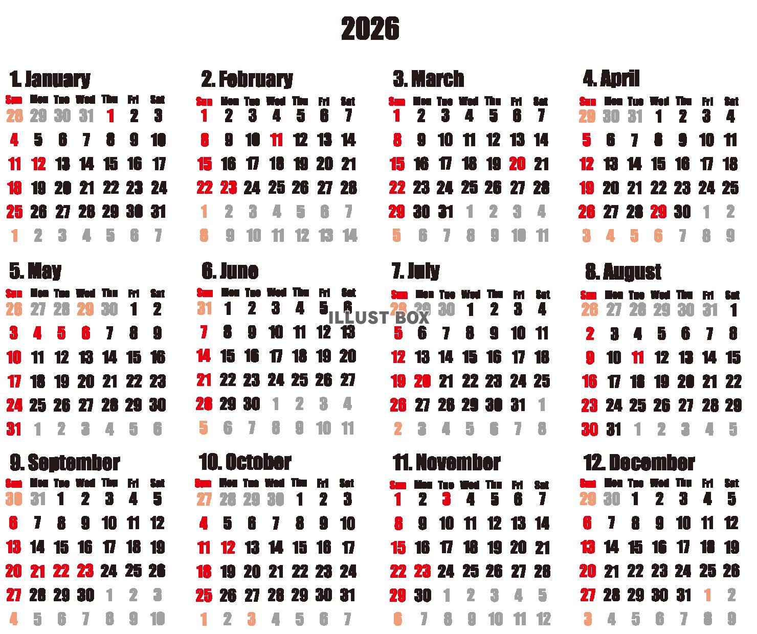 2026文字のみカレンダー　インパクト（透過PNG）ZIPの...