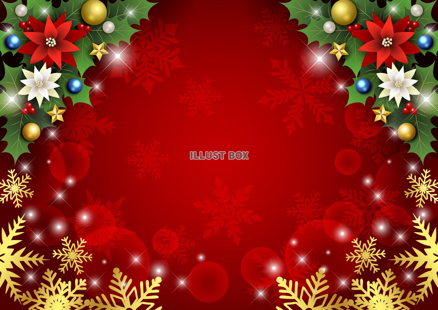 クリスマス背景25・上柊・下雪結晶・横・赤