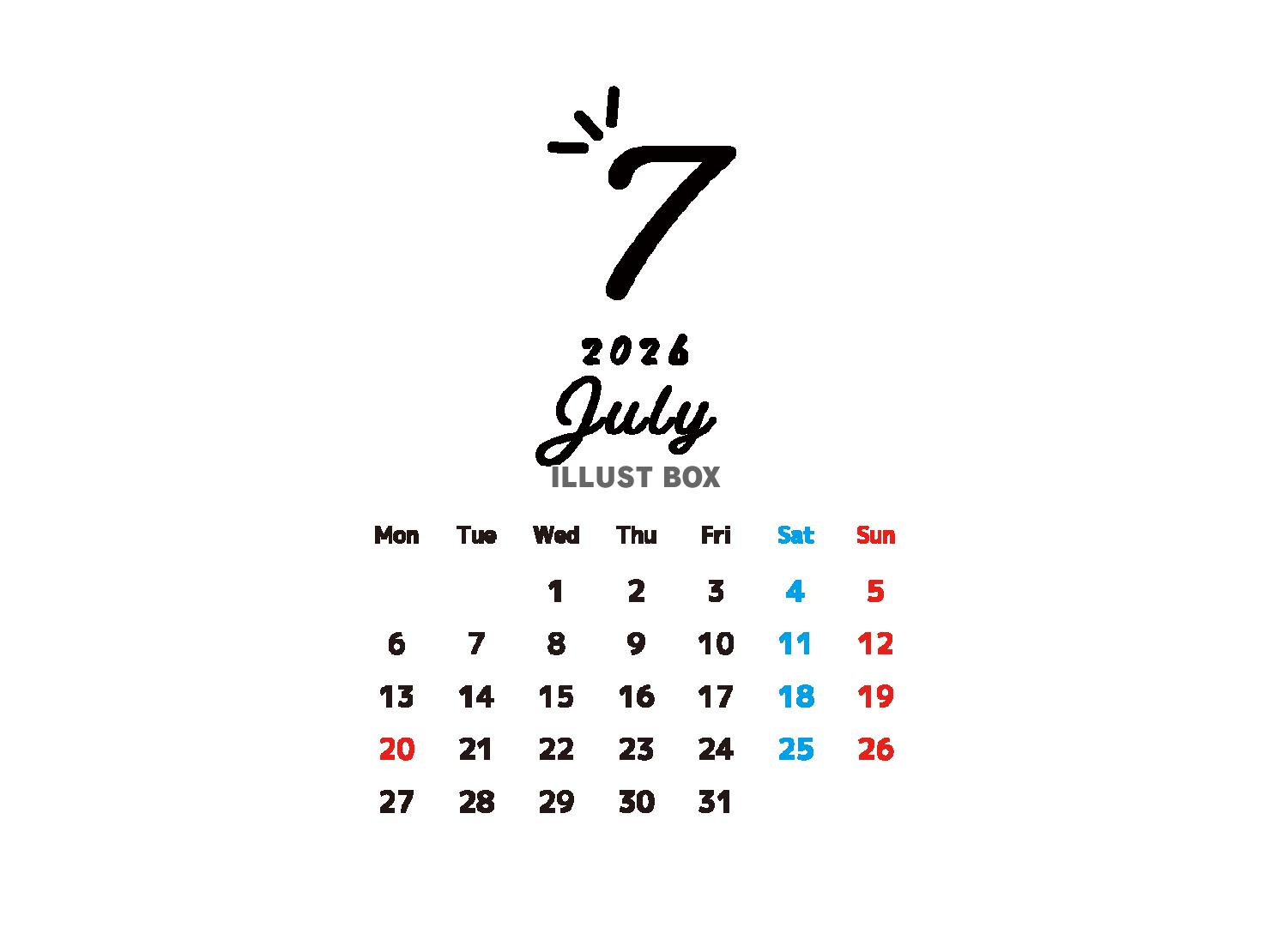 2026年7月のお洒落なカレンダー