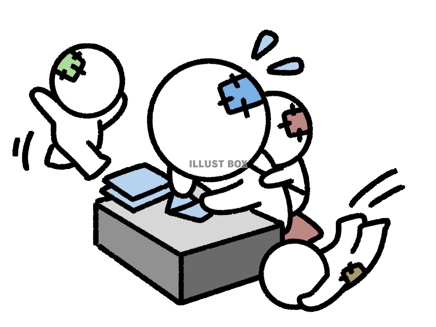 多くの子供を抱えて内職を頑張る貧しい棒人間