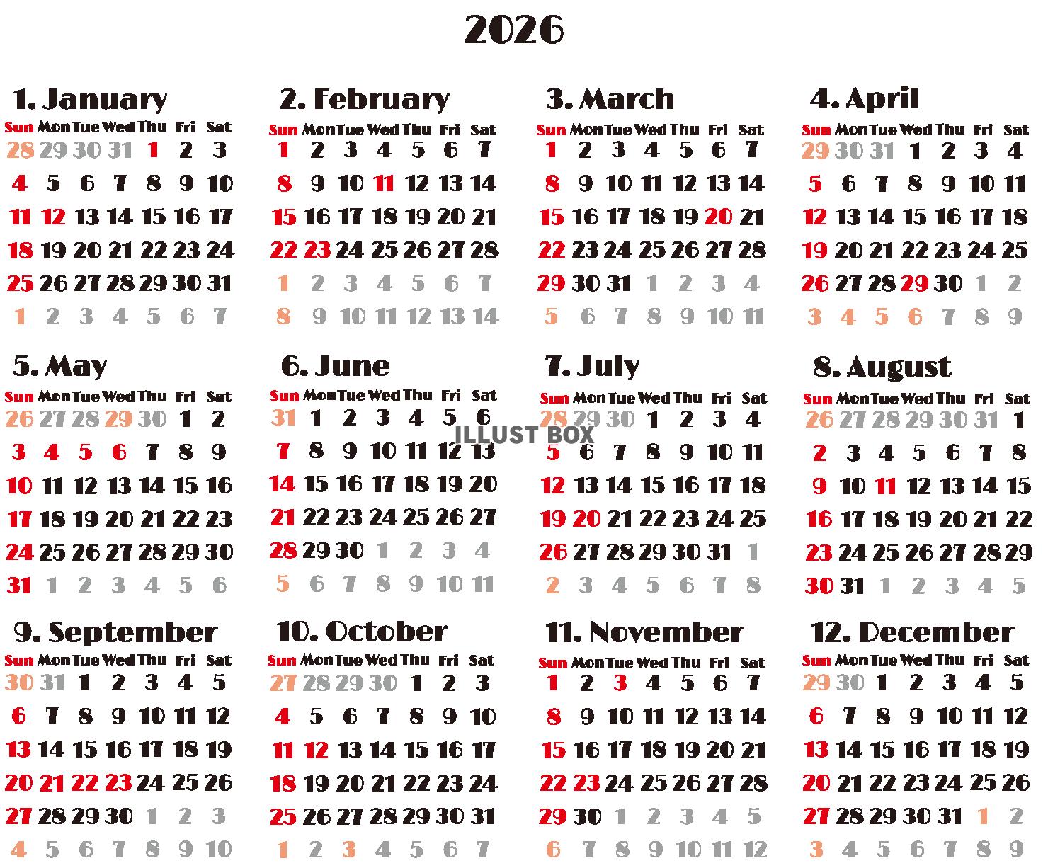 2026文字のみカレンダー　レトロ（透過PNG）ZIPのEP...