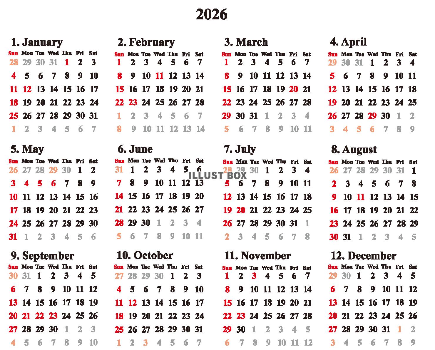 2026文字のみカレンダー　太明朝（透過PNG）ZIPのEP...