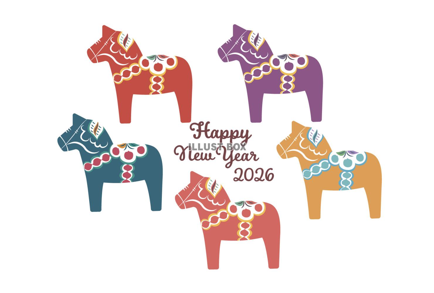 2026年午年年賀状　カラフルなダーラナホース