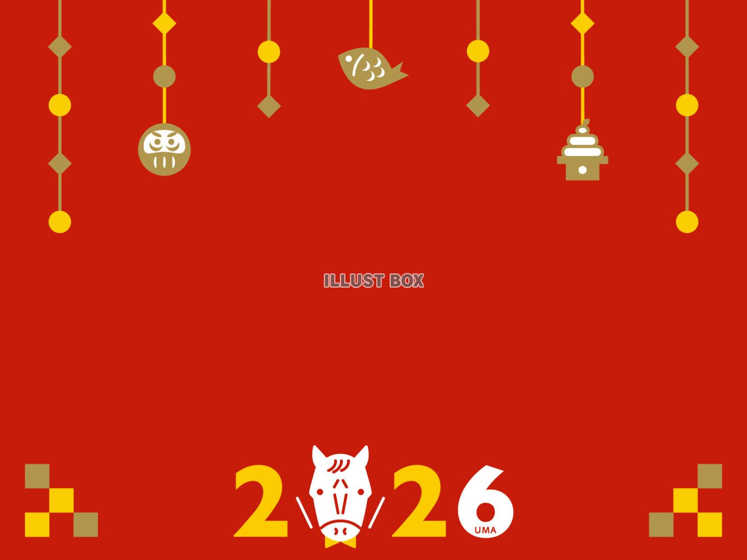 2026年午年の年賀状 お洒落な赤の和風ポップなフレーム