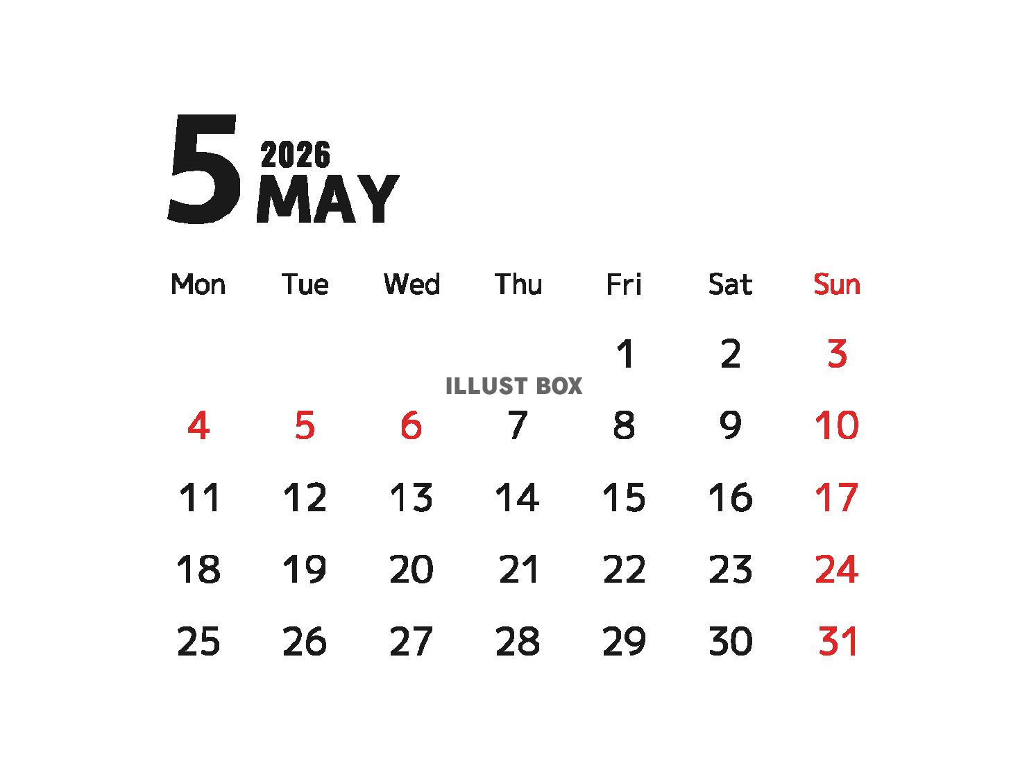 2026年 シンプルな月間カレンダー 5月