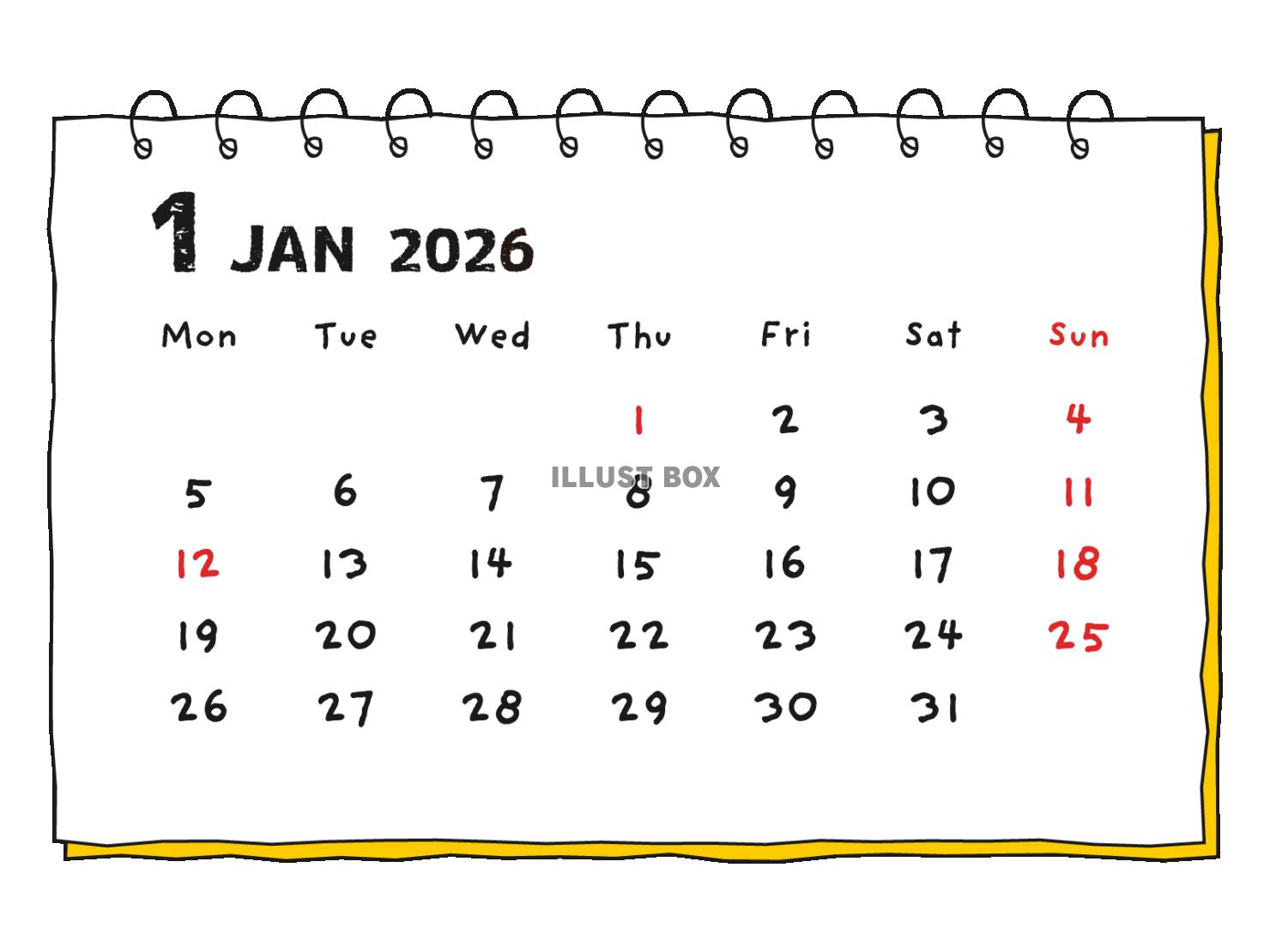 2026年 手書き風の月間カレンダー 1月