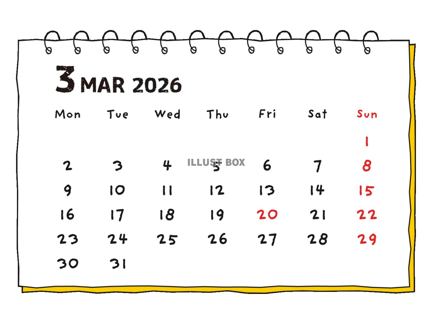 2026年 手書き風の月間カレンダー 3月