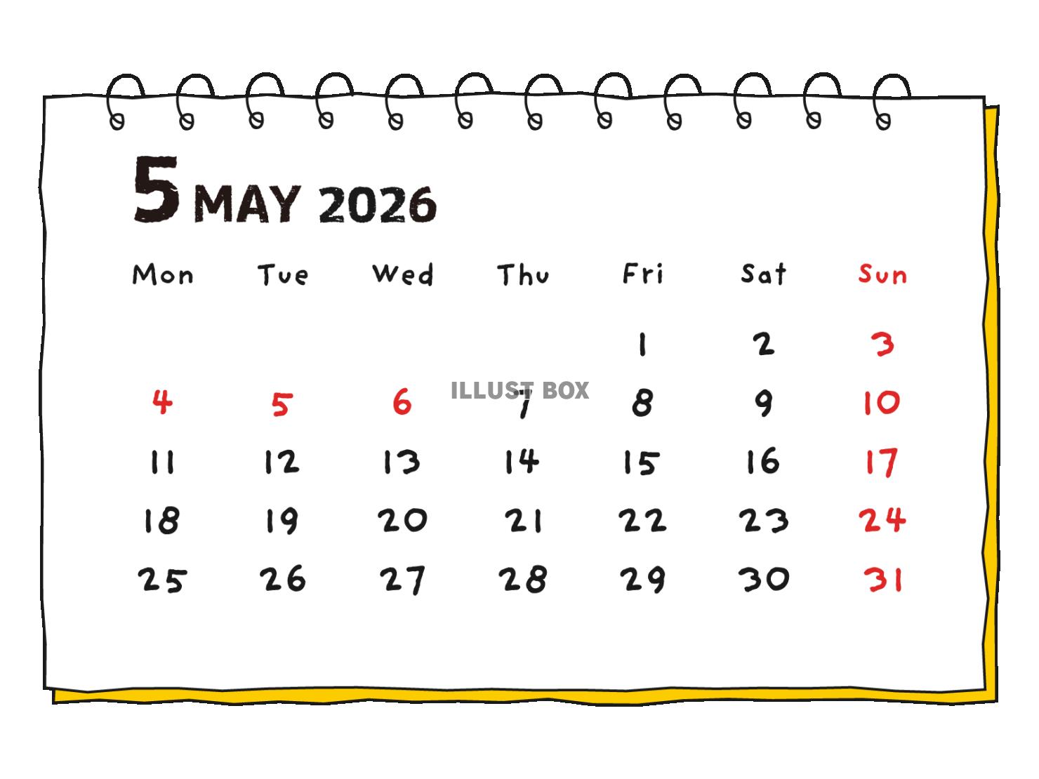 2026年 手書き風の月間カレンダー 5月