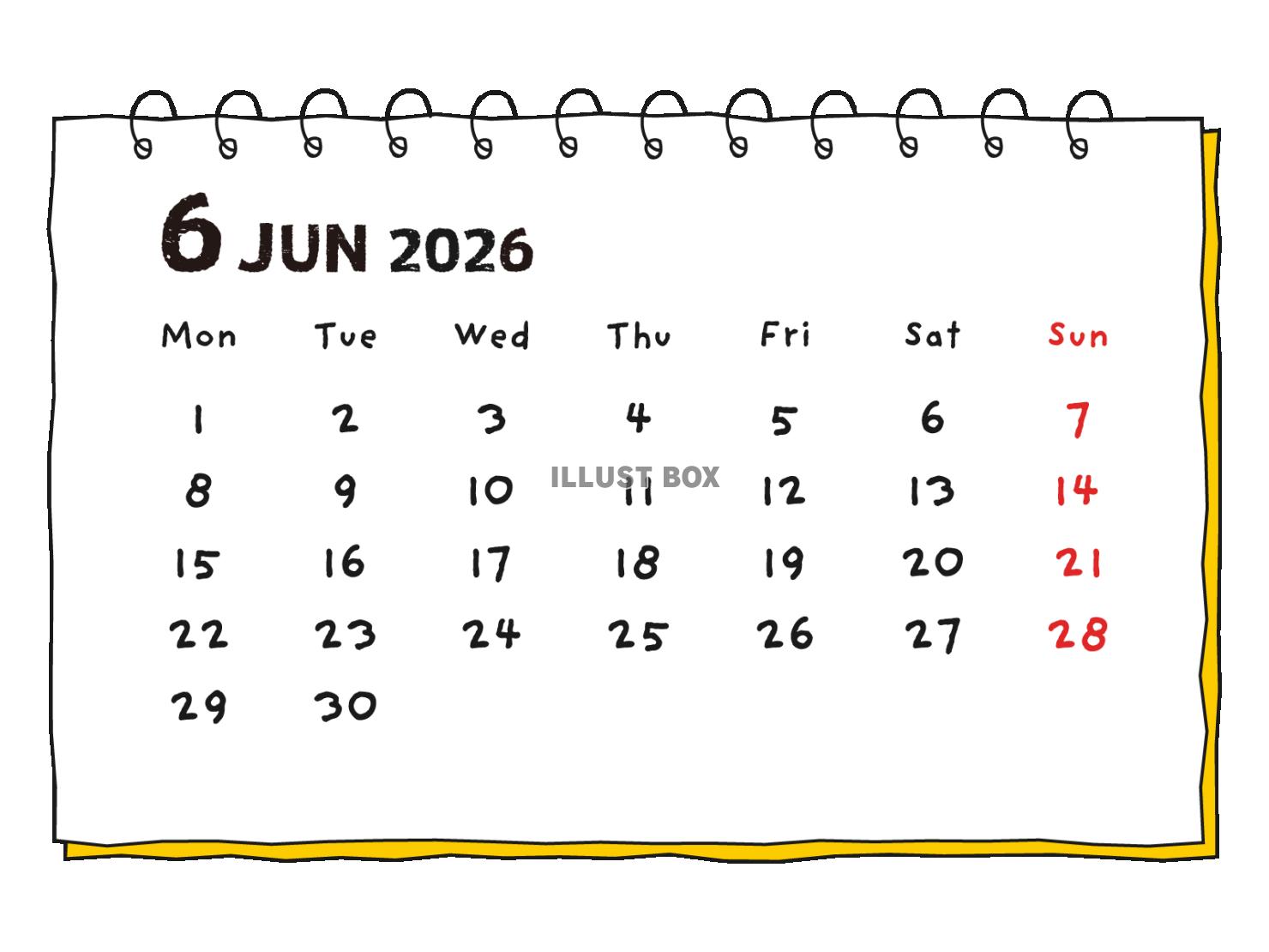 2026年 手書き風の月間カレンダー 6月