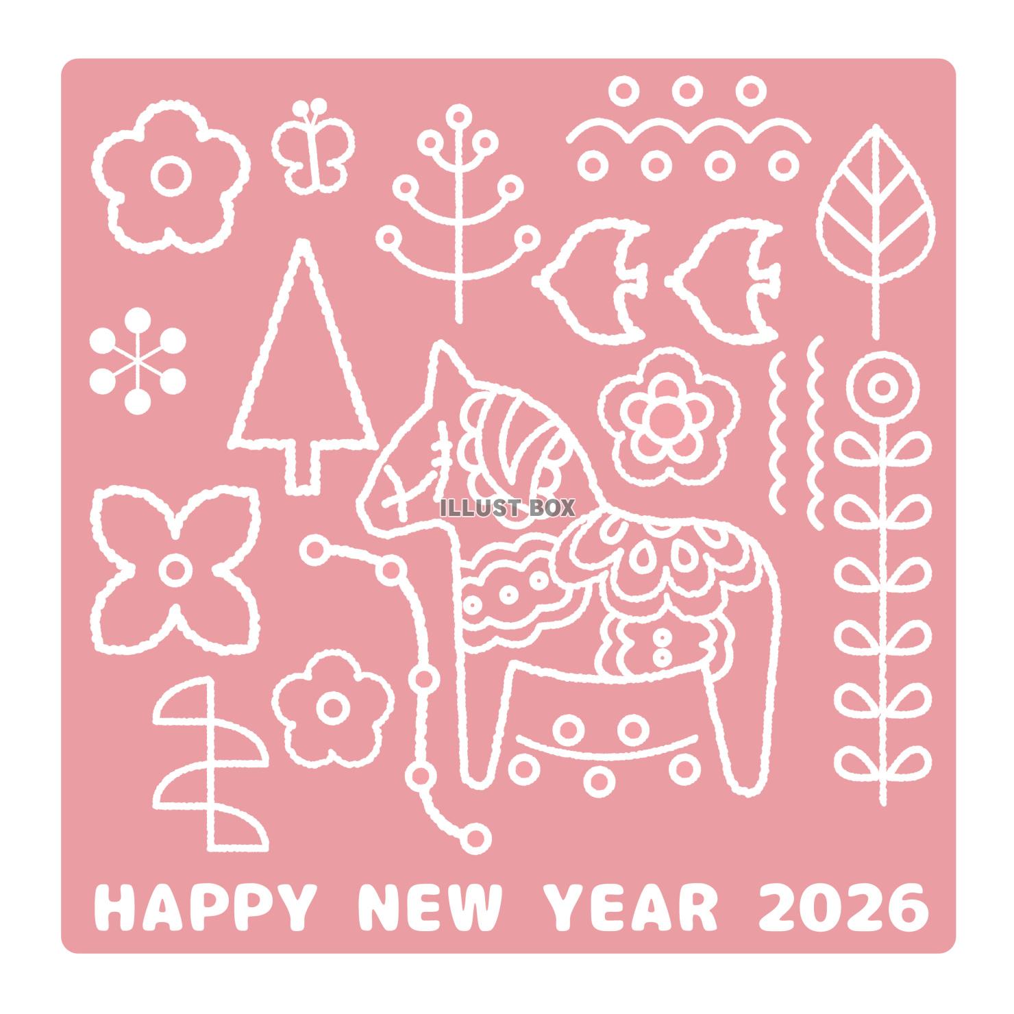 SNS用正方形の2026年午年年賀状 背景ピンクのダーラナホ...