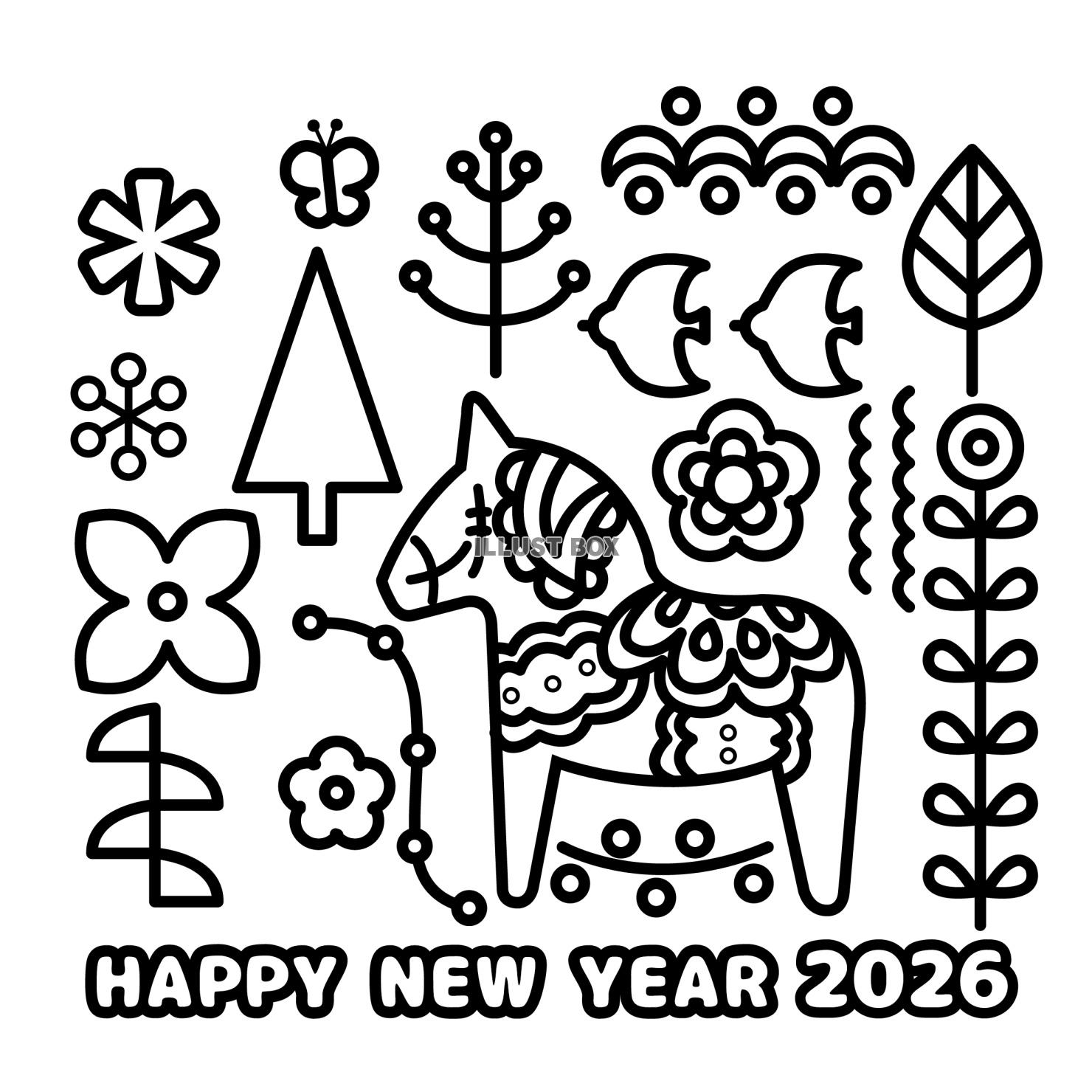 ダーラナホースのモノクロ2026年午年の年賀状・ぬりえ素材