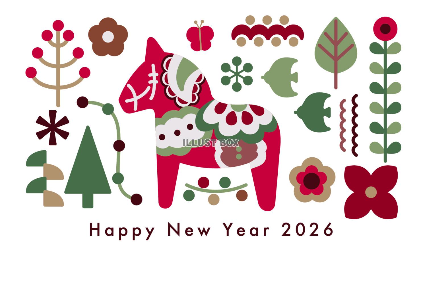 2026年午年のダーラナホースの年賀状テンプレート 横