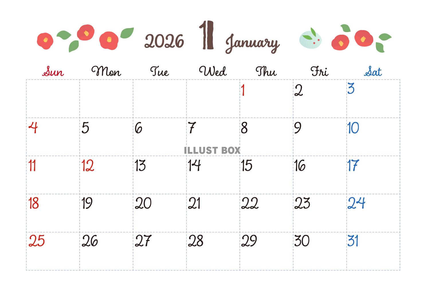 2026年1月カレンダー　椿