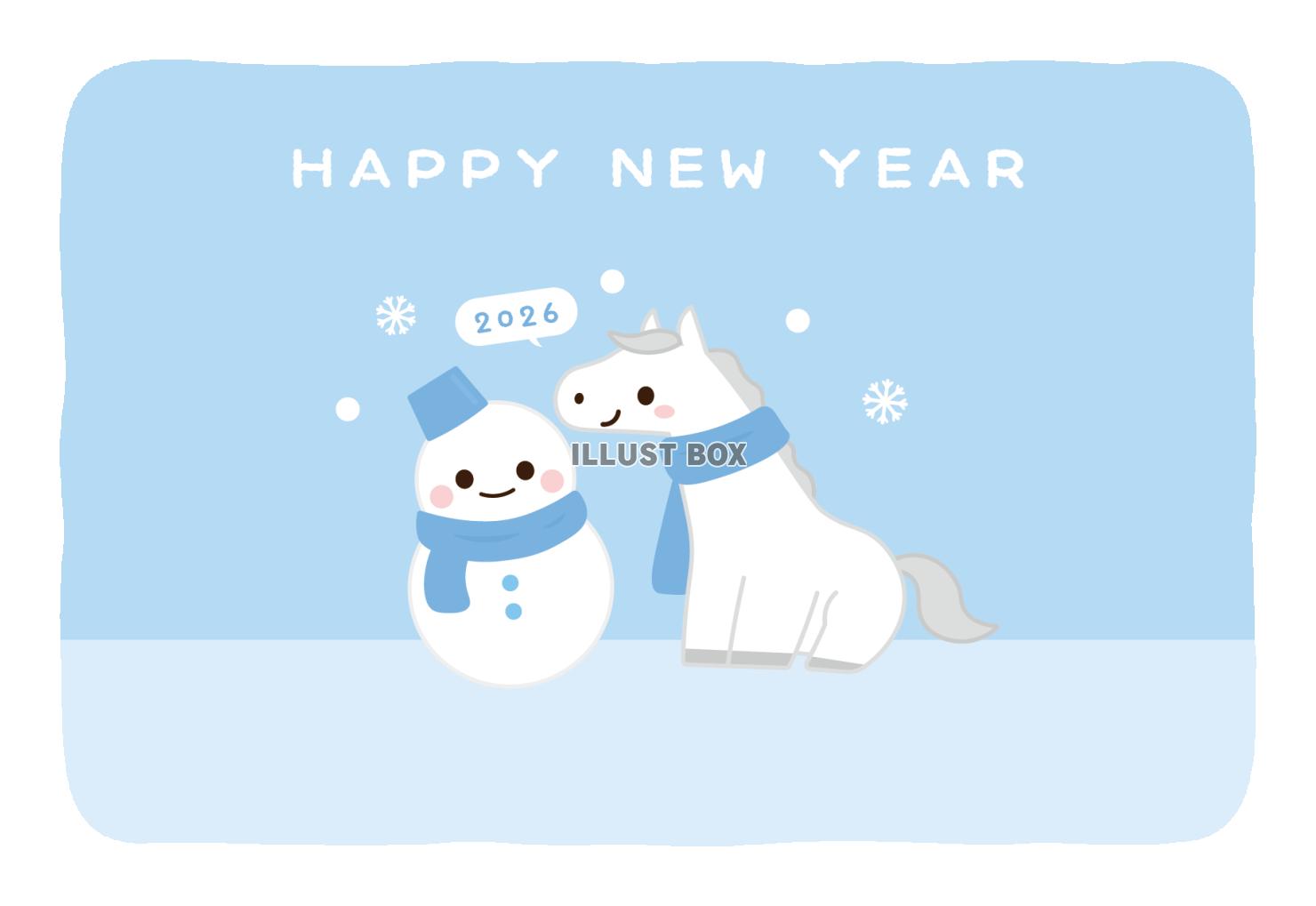 2026年年賀状　雪だるまと白馬