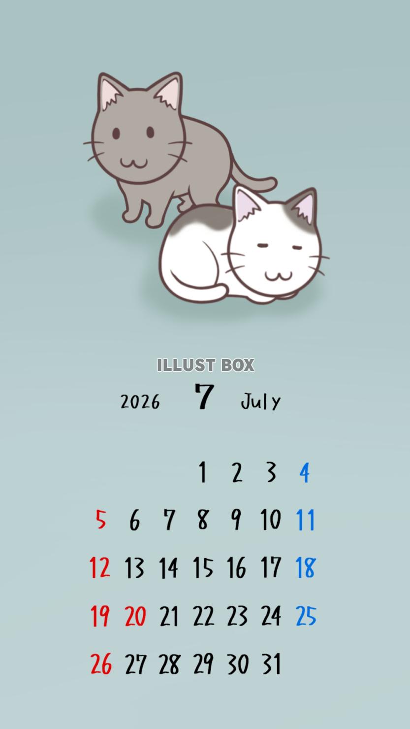 猫のスマホ壁紙カレンダー　2026年7月